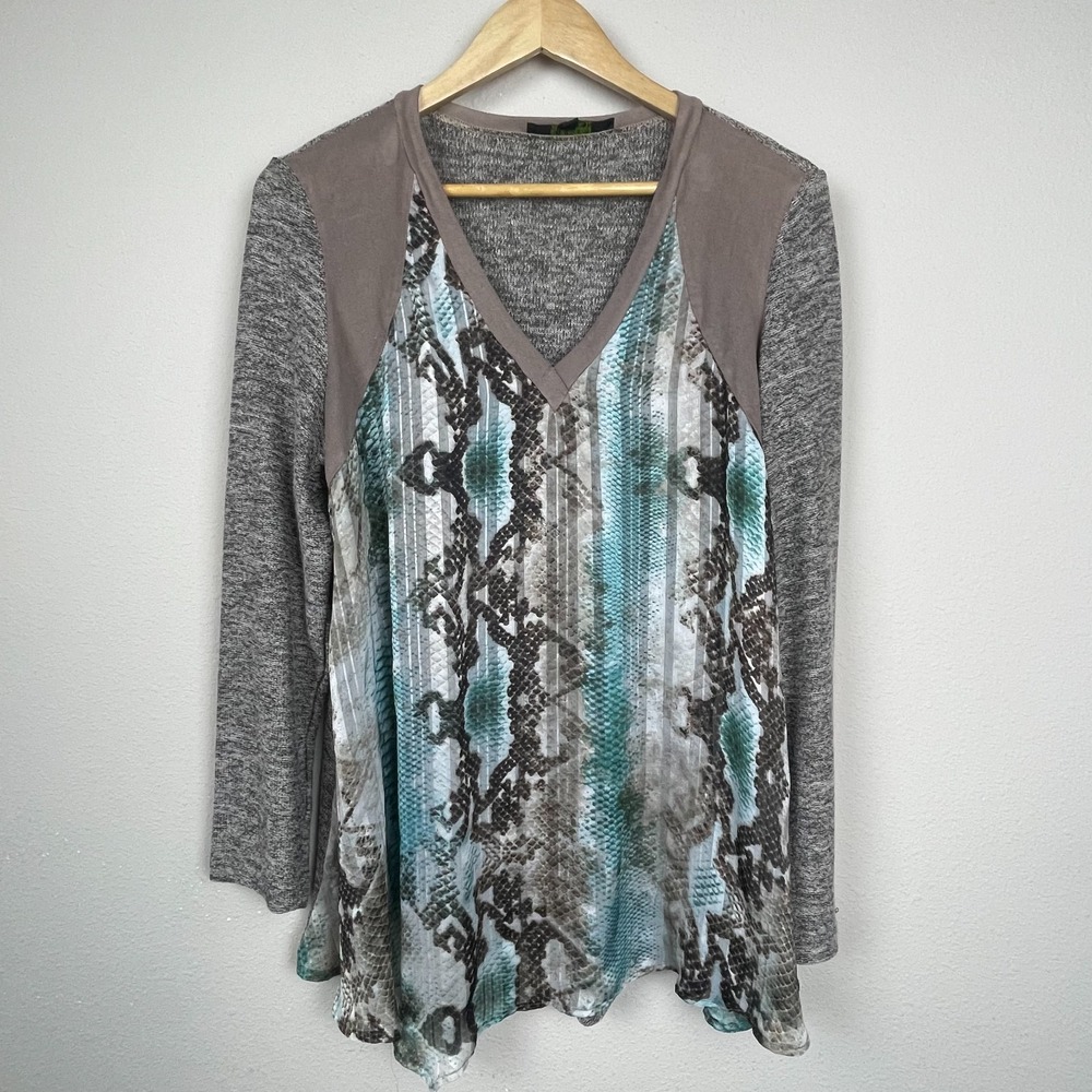 Poeme By‎ Citron Mixed Media Animal Print Knit Back Top Lagenlook Artsy Boho L